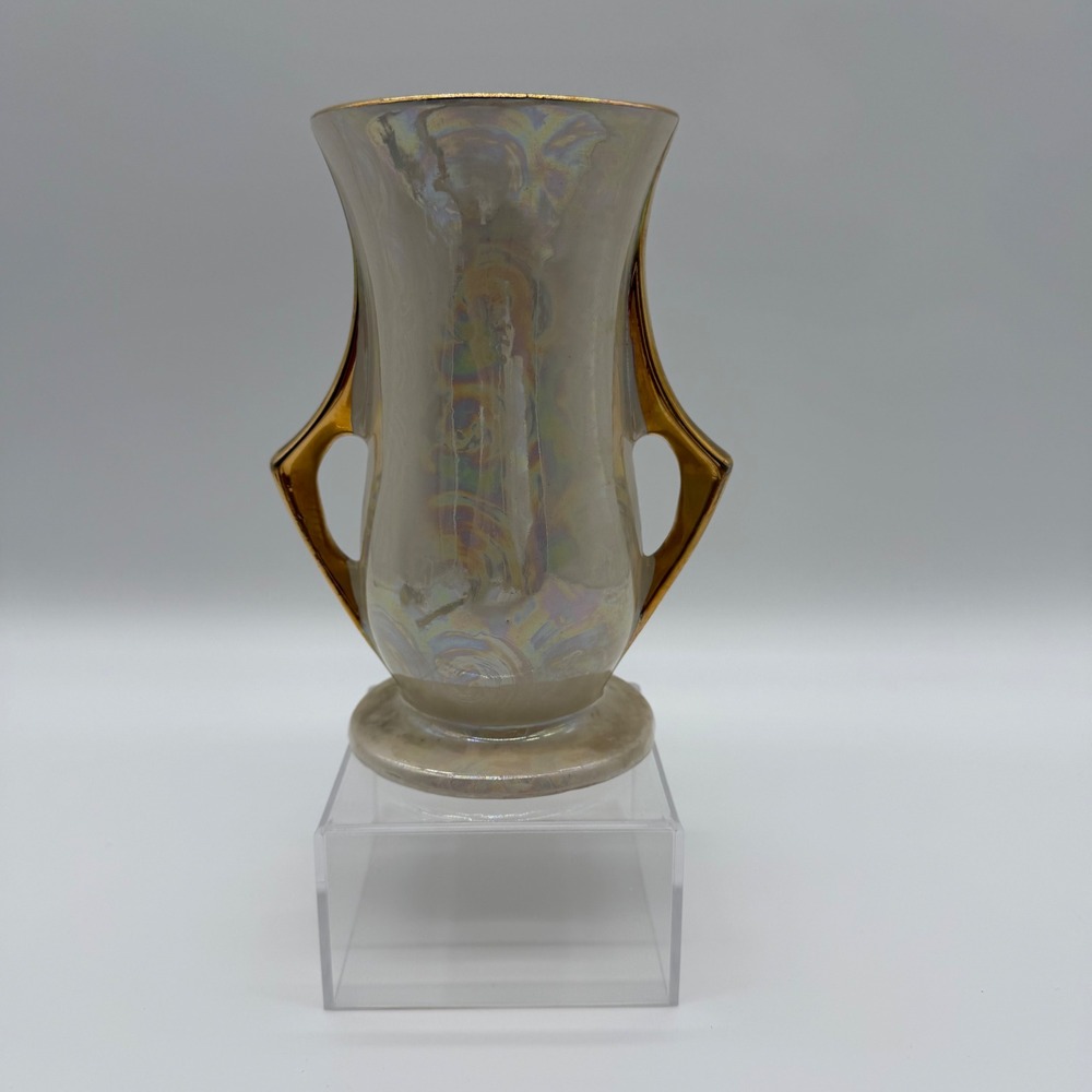 Vintage Iridescent Pearlescent Lusterware Vase Hand Decorated 22KT Gold 8 Inch